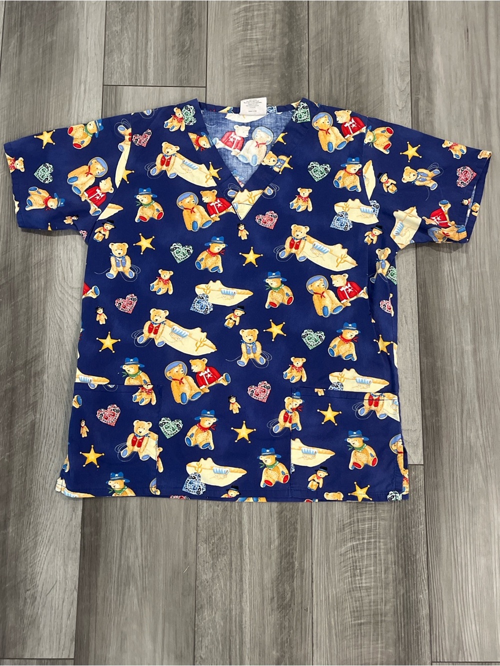 Navy Blue Teddy Bear Print Short Sleeve Scrub Top